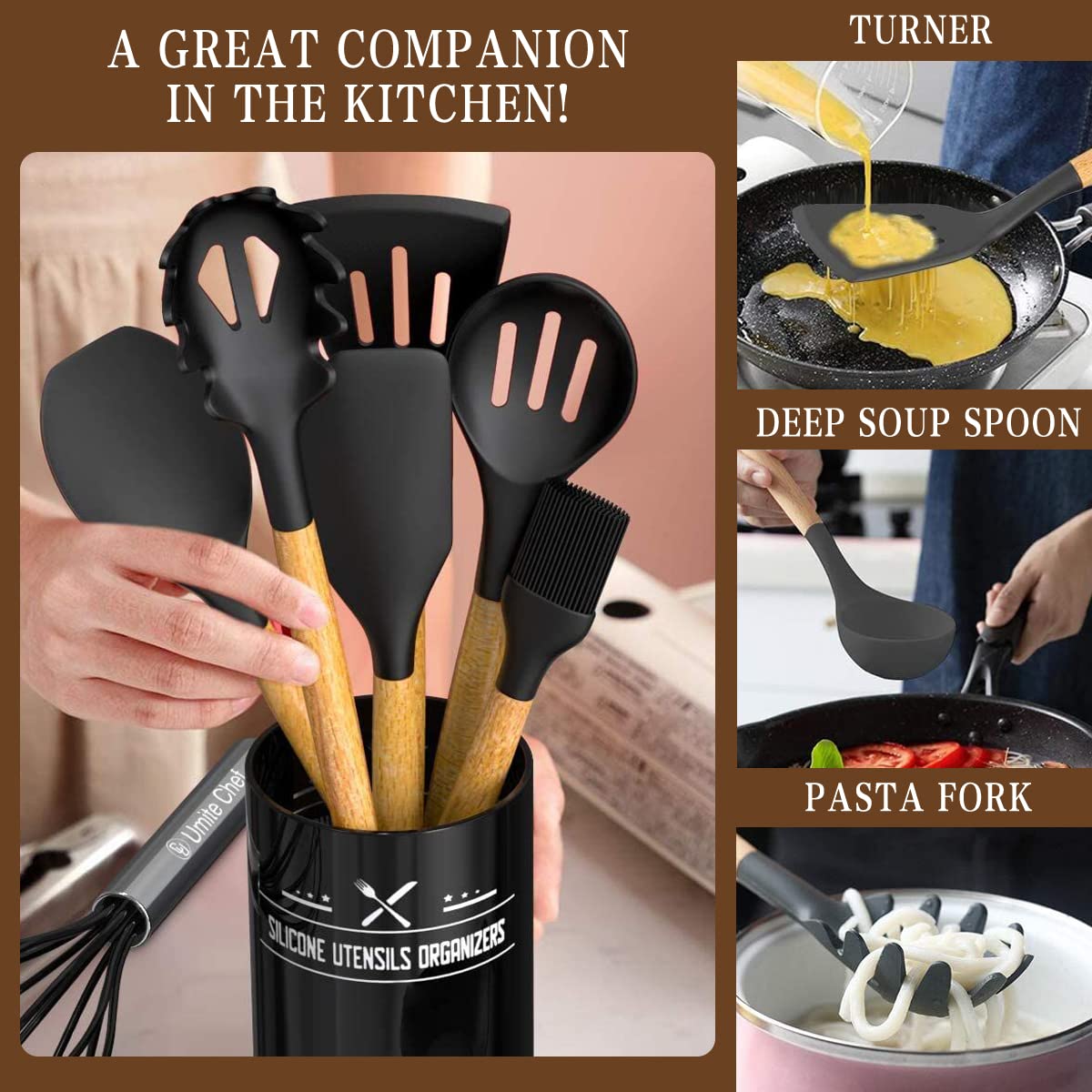 Umite Chef Kitchen Cooking Utensils Set, 33 pcs Non-Stick Utensils Spatula Set with Holder, Black Wooden Handle Silicone Kitchen Gadgets