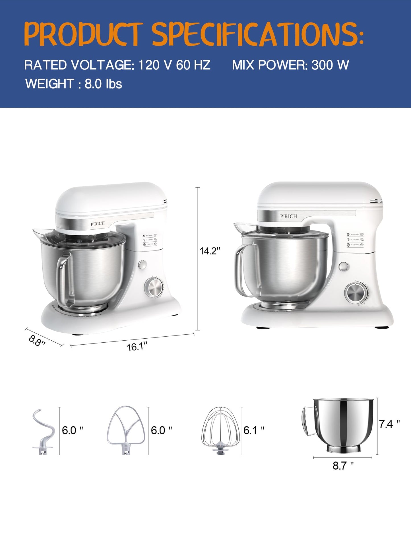 3-IN-1 Electric Stand Mixer, 5.3QT Bowl 12-Speed Kitchen Mixer, Household Food Mixers include Dough Hook, Beater and Whisk, Bread Cake Mixer for Baking and Most Home Cooks,（YM609 White）