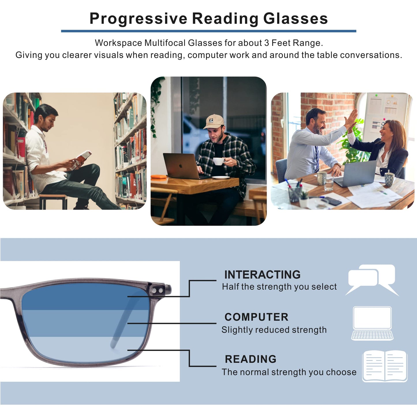 2 Pack Ultra Light Progressive Multifocus Reading Glasses Men, Aluminum Arm TR90 Frame Blue Light Blocking Multifocal Computer Readers Spring Hinge No Line (for Mid-Near Range approx 3ft)+1.50 Gray