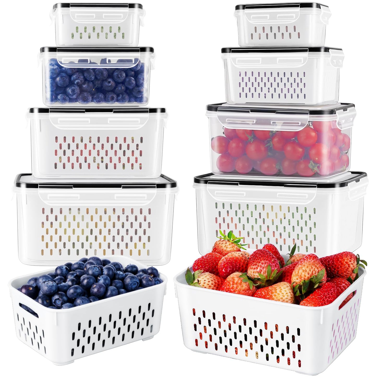 4 PCS Fruit Storage Containers for Fridge with Removable Colander, Airtight Food Storage Container, Dishwasher Safe Produce Saver Container for Refrigerator, Keep Berry Fruit Vegetable Fresh Longer