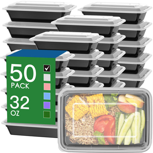 50 Pack (100-Piece) 32 oz Meal Prep Containers Reusable with Easy Open Lids, Sturdy Leakproof Food Safe, Microwave Freezer Dishwasher Safe, To Go Take Out Plastic Food Storage Pans with Lids, Black