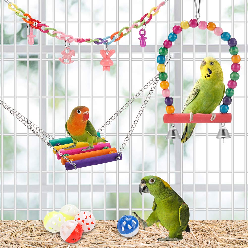 Bird Parakeet Toys,Swing Hanging Standing Chewing Toy Hammock Climbing Ladder Bird Cage Colorful Toys Suitable for Budgerigar, Parakeet, Conure, Cockatiel, Mynah, Love Birds, Finches