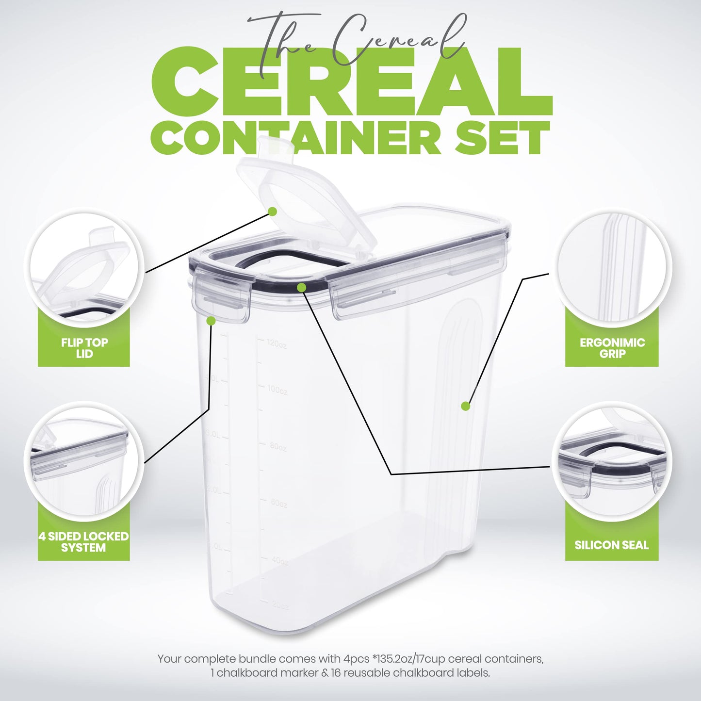 Utopia Kitchen Cereal Containers Storage - Liter Airtight Food Storage Containers & Cereal Dispenser For Pantry Organization And Storage (Clear, 4 Liter Pack of 4)