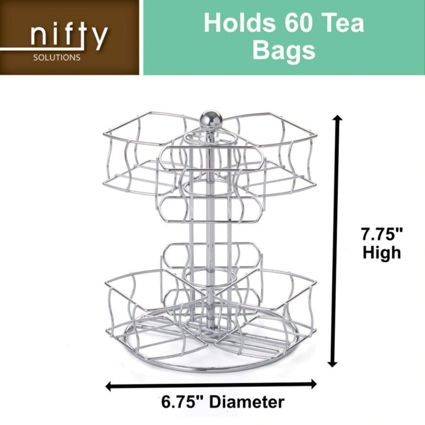 Nifty Tea Bag Spinning Carousel – 6 Compartments, Up to 60 Tea Bags Storage, Spins 360-Degrees, Lazy Susan Platform, Modern Chrome Design, Home or Office Kitchen Counter Organizer