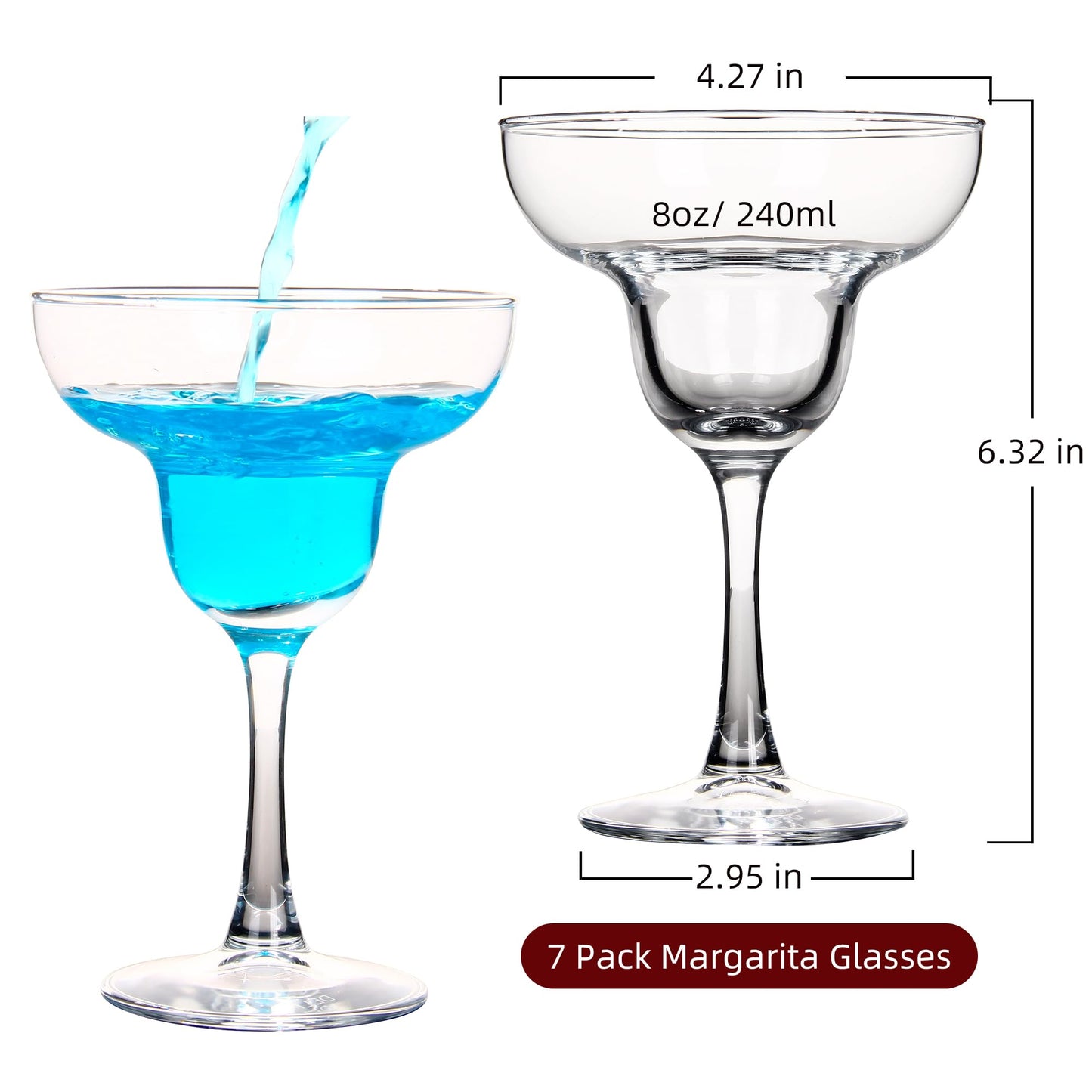 Margarita Glasses Set of 7, 8oz Elegant Cocktail Glasses, Stemmed Margarita Wine Glasses, Clear Glass Margarita Cups for Margarita, Martini, Mixing Cocktail or Gin