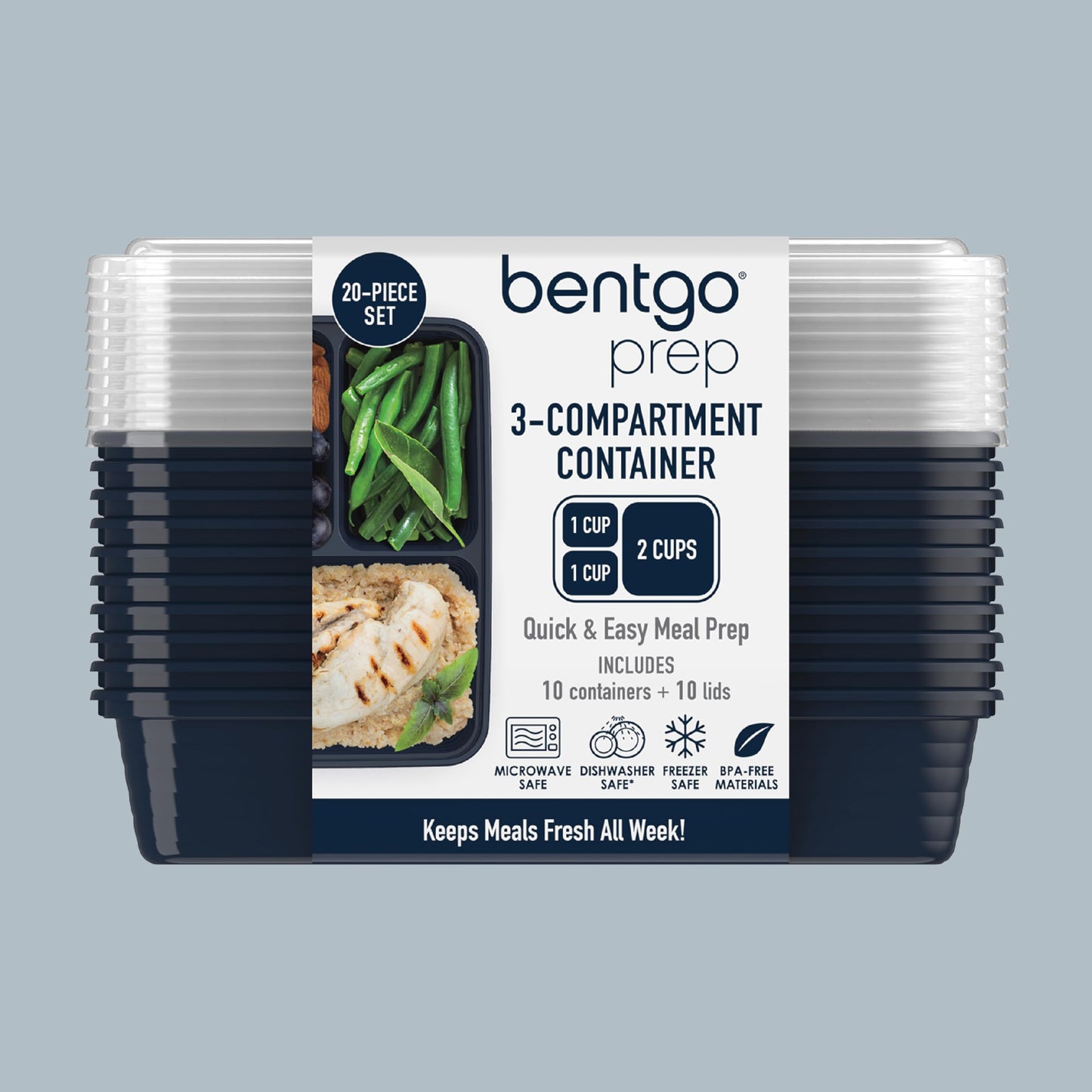 Bentgo 20-Piece Lightweight, Durable, Reusable BPA-Free 3-Compartment Containers - Microwave, Freezer, Dishwasher Safe - Navy Blue