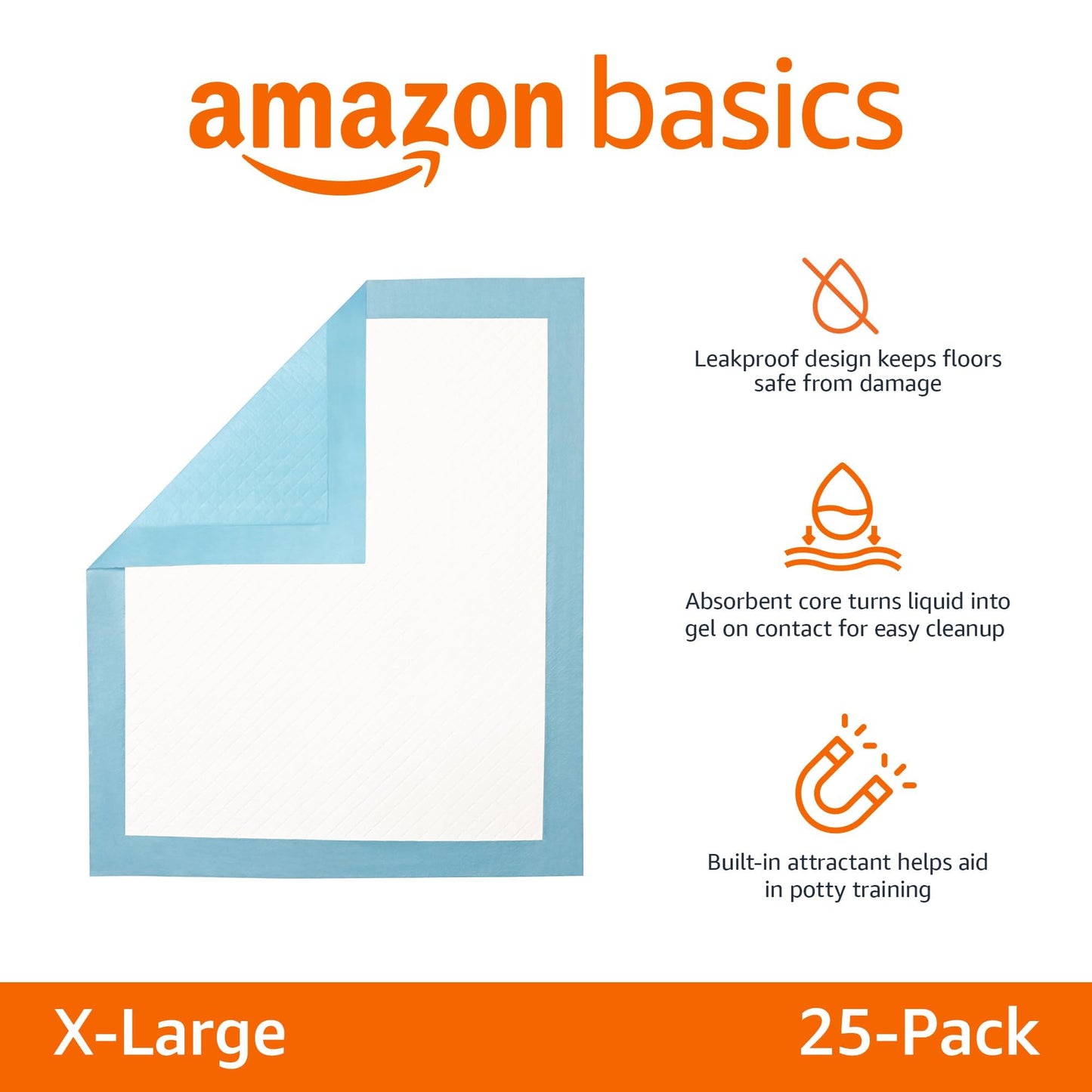 Amazon Basics Dog and Puppy Pee Pads with 5-Layer Leak-Proof Design and Quick-Dry Surface for Potty Training, Heavy Duty Absorbency, X-Large, 28 x 34 Inch - Pack of 25, Blue & White