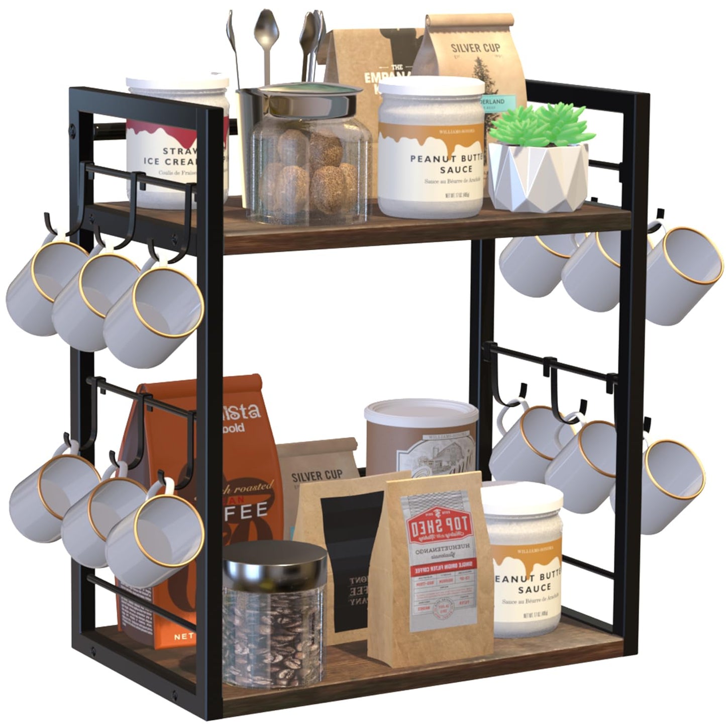 Dorhors 2 Tier Coffee Bar Accessories and Organizer,Multi-functional Mug Holder with 12 Hooks,Wood Coffee Station Organizer,Kitchen Countertop Shelf