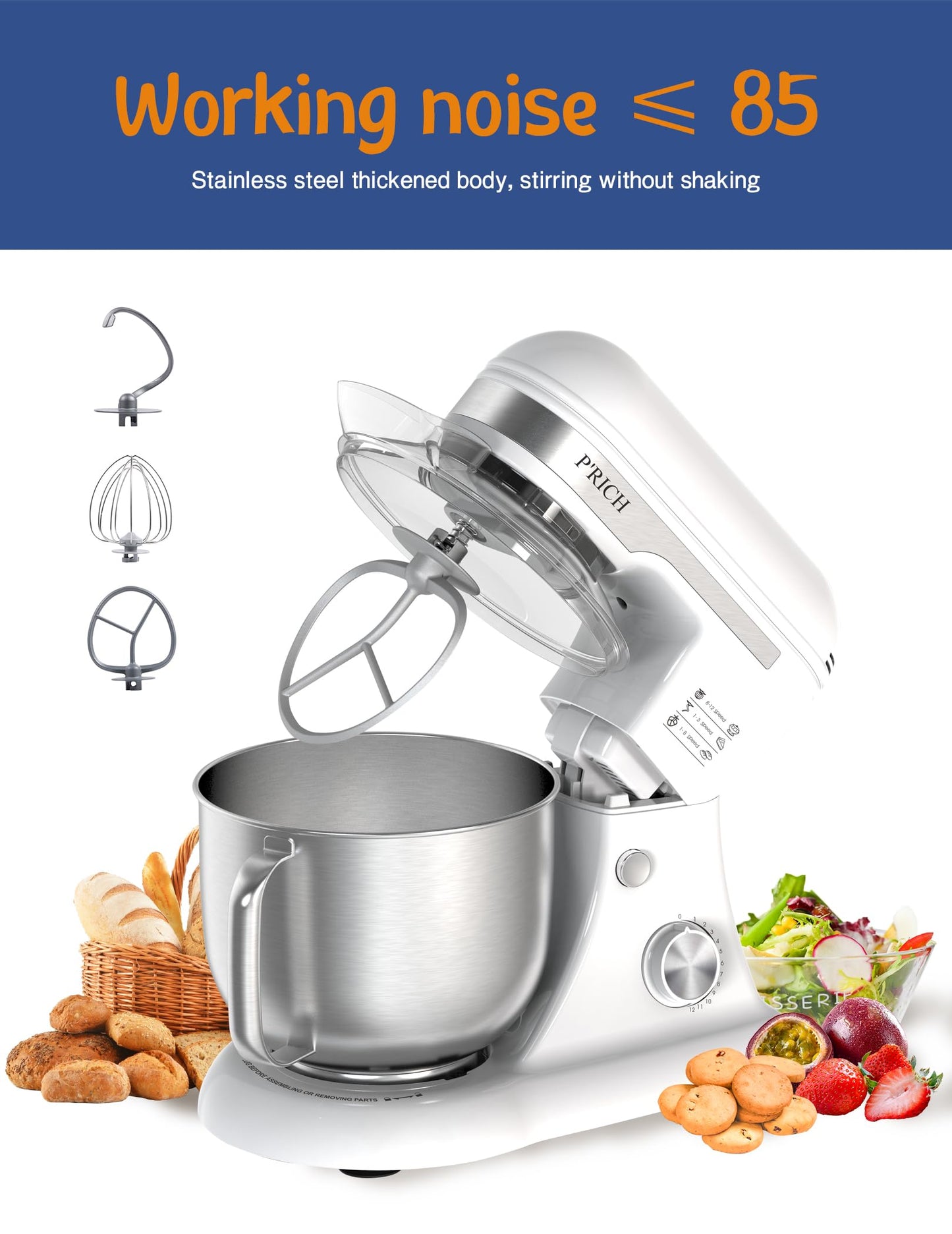 3-IN-1 Electric Stand Mixer, 5.3QT Bowl 12-Speed Kitchen Mixer, Household Food Mixers include Dough Hook, Beater and Whisk, Bread Cake Mixer for Baking and Most Home Cooks,（YM609 White）