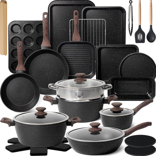 Kikcoin 31 Pcs Kitchen Cookware Set, Non Stick Pots and Pans Set Bakeware Set Nonstick Cooking Set with Baking Pans, Frying Pans, Saucepan, Grill Pan, Utensils