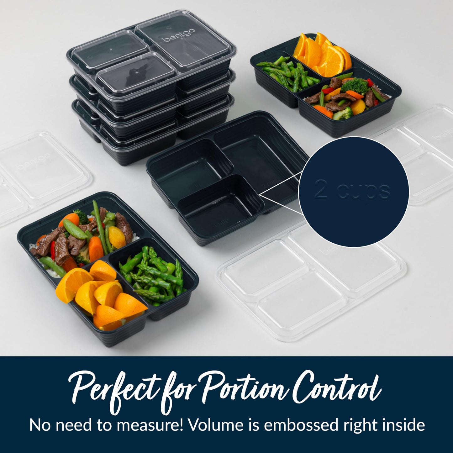 Bentgo 20-Piece Lightweight, Durable, Reusable BPA-Free 3-Compartment Containers - Microwave, Freezer, Dishwasher Safe - Navy Blue