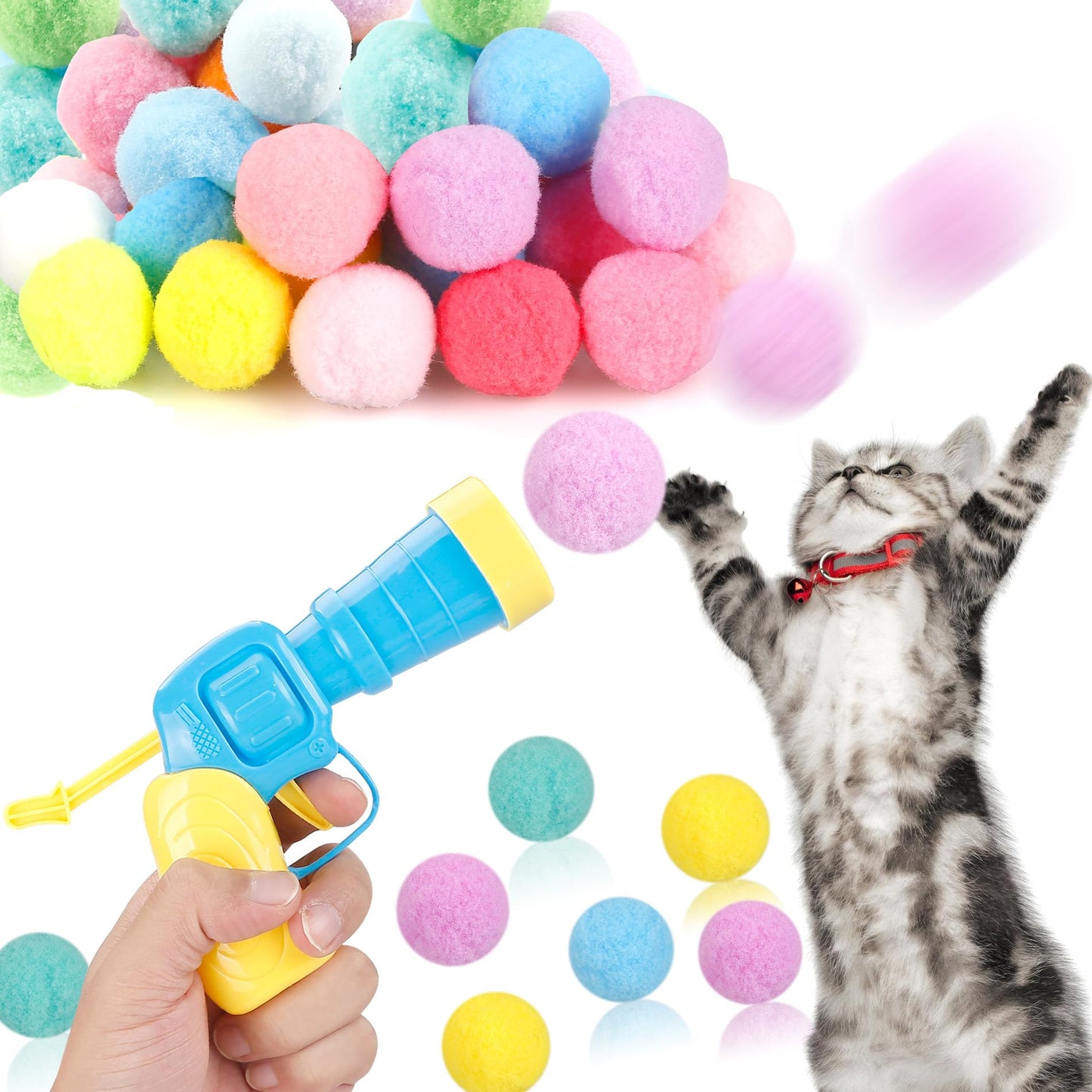 MeoHui 31Pcs Cat Ball Toy Launcher Gun,Cat Balls Fetch Toy,30Pcs Plush Fuzzy Balls Launcher Cat Toy for Cats with 1 Gun,Funny Interactive Cat Toys for Bored Indoor Adult Cats,Cute Kitten Kitty Toys