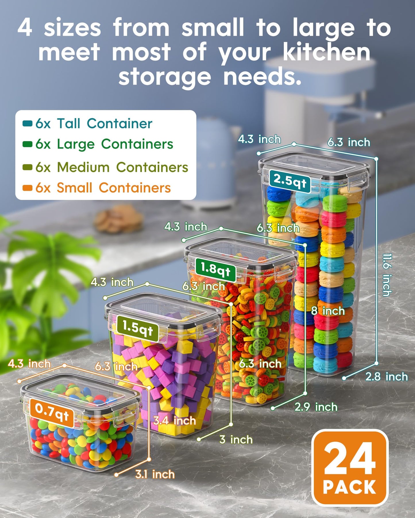 KEMETHY 24 PCS Airtight Food Storage Containers with Lids, Kitchen Pantry Organization and Storage, BPA-Free Plastic Scale Food Canisters for Cereal, Flour, Sugar, Dry Food, Include Labels & Marker