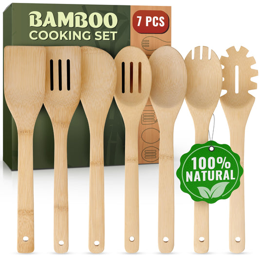 Wooden Utensil Set, Bamboo Wooden Cooking Utensils – 7 PCs Easy to Clean Wooden Kitchen Utensil Set, Sturdy, Lightweight & Heat Resistant