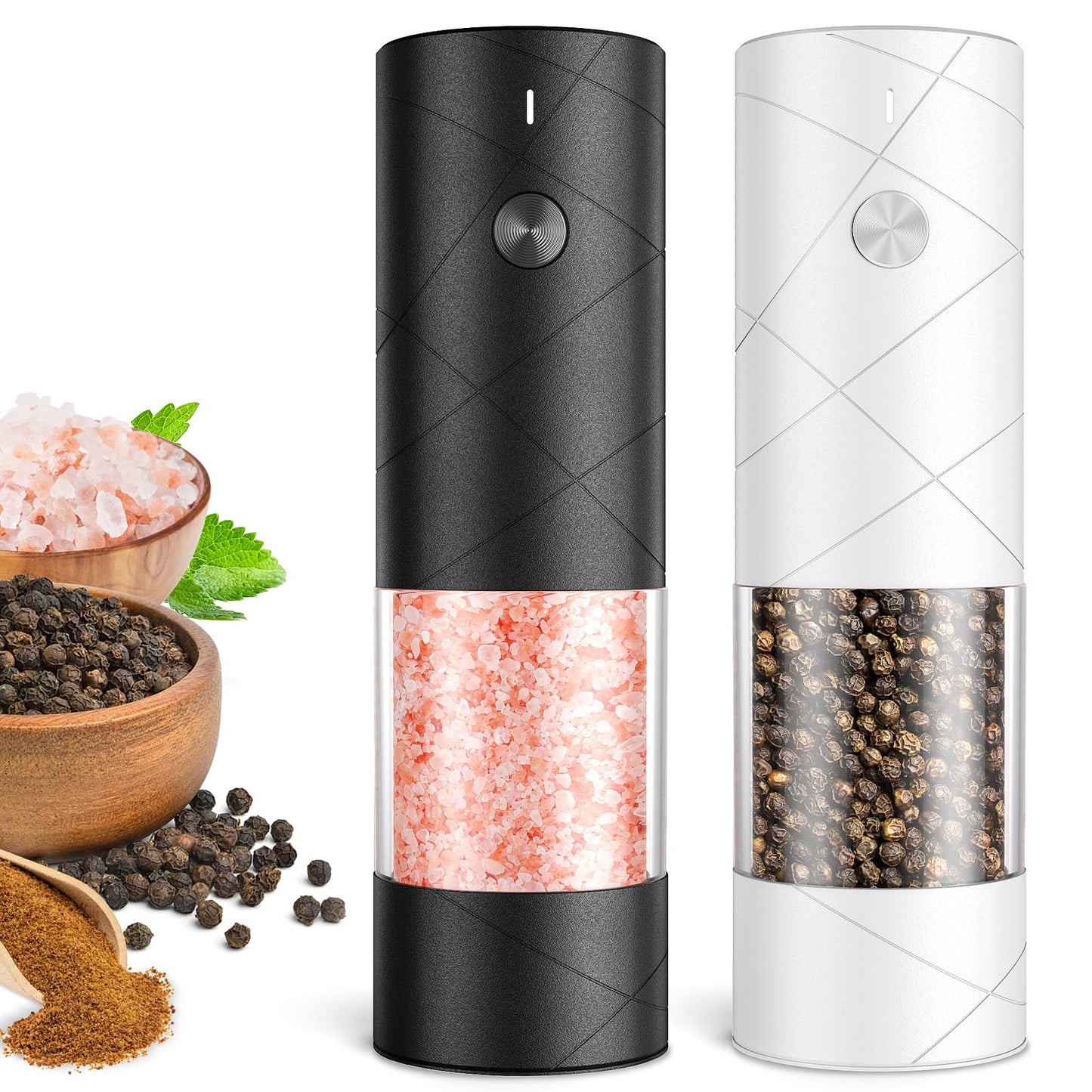 Electric Salt and Pepper Grinder Set, Rechargeable Automatic Pepper Mill Grinder with LED Light, Adjustable Coarseness shakers, One-Hand Operation for Kitchen(2 Pack, Upgrade Black+White)