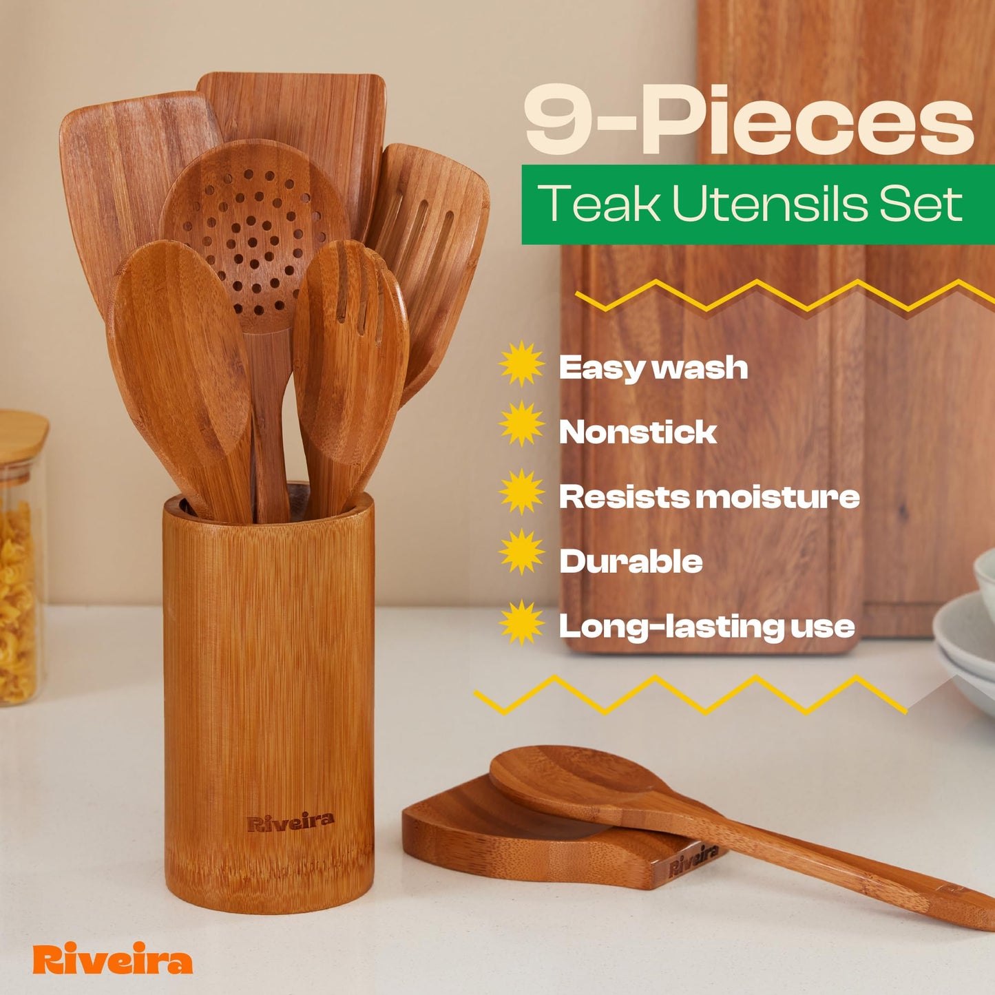 Riveira Natural Bamboo Wooden Cooking Utensils Set of 9 Premium Quality Non-Toxic Wooden Spoons and Spatulas for Cooking