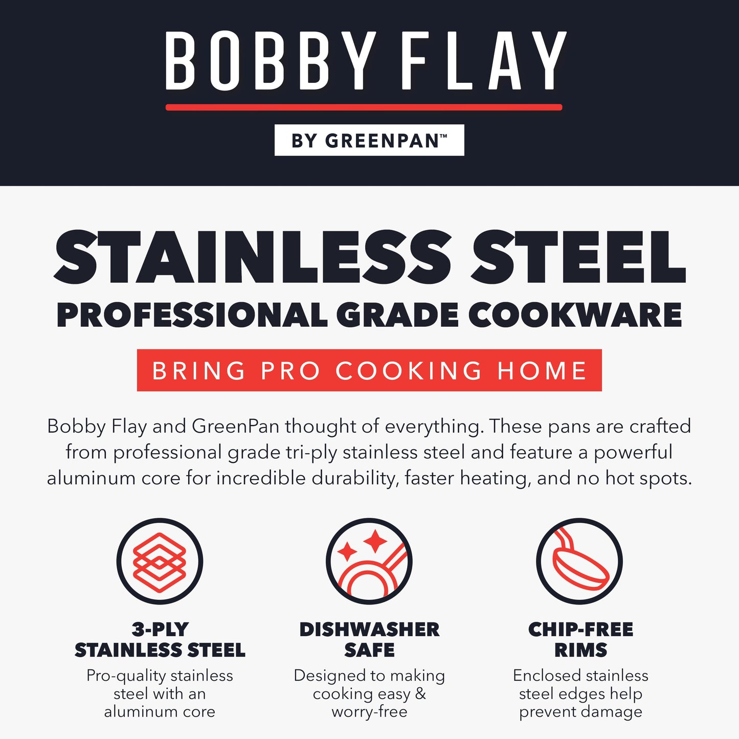 GreenPan x Bobby Flay Stainless Steel 12 Piece Cookware Pots and Pans Set, Professional Grade Tri Ply, PFAS-Free Ceramic Nonstick, Induction Suitable, Dishwasher & Oven Safe, Stay Cool Handles