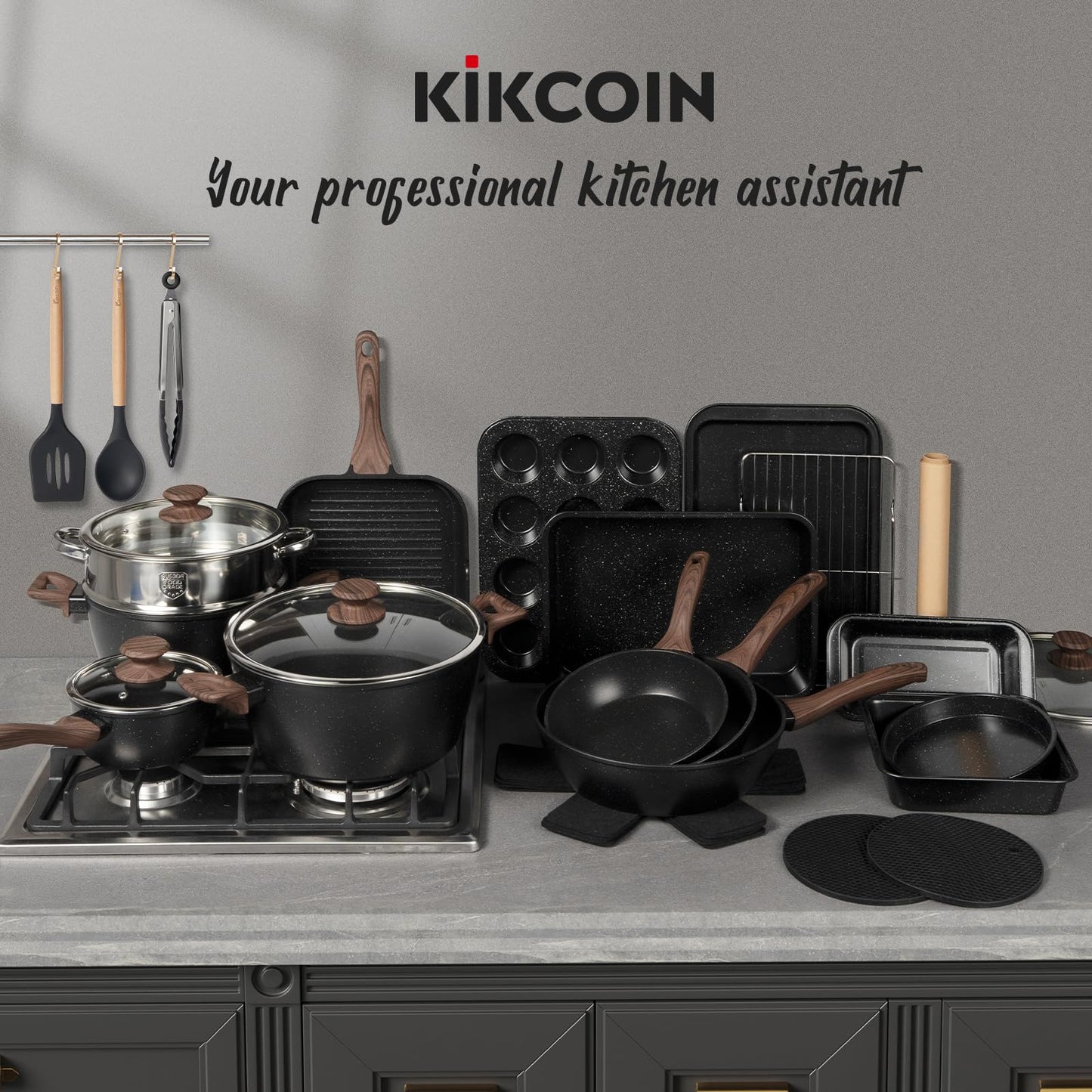 Kikcoin 31 Pcs Kitchen Cookware Set, Non Stick Pots and Pans Set Bakeware Set Nonstick Cooking Set with Baking Pans, Frying Pans, Saucepan, Grill Pan, Utensils