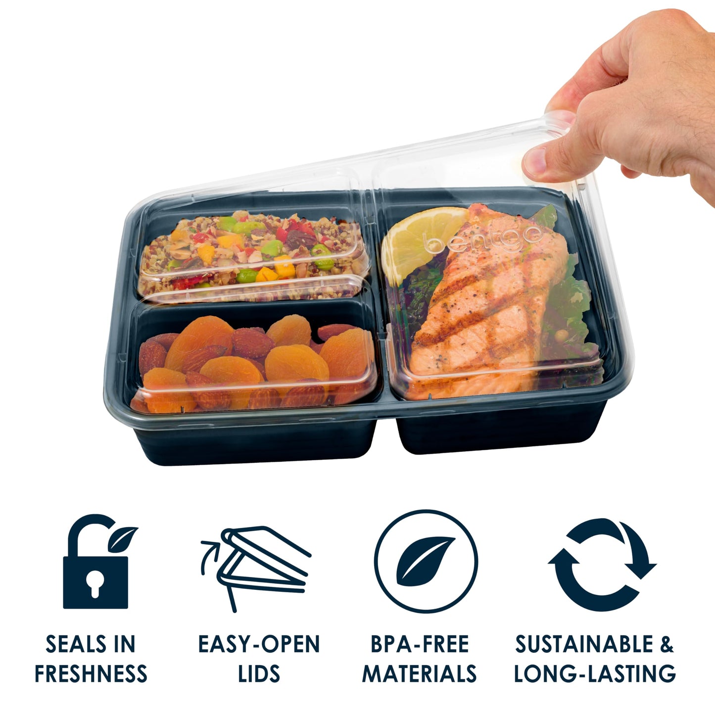 Bentgo 20-Piece Lightweight, Durable, Reusable BPA-Free 3-Compartment Containers - Microwave, Freezer, Dishwasher Safe - Navy Blue