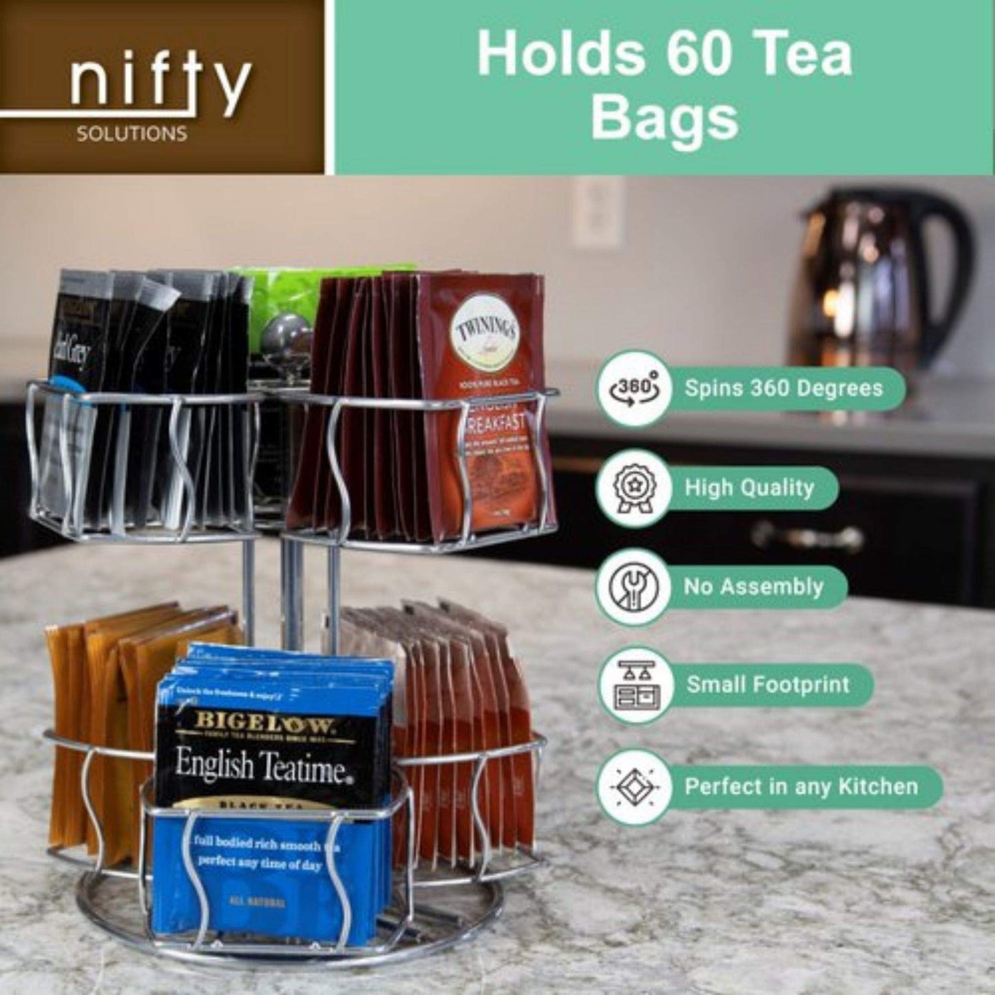 Nifty Tea Bag Spinning Carousel – 6 Compartments, Up to 60 Tea Bags Storage, Spins 360-Degrees, Lazy Susan Platform, Modern Chrome Design, Home or Office Kitchen Counter Organizer