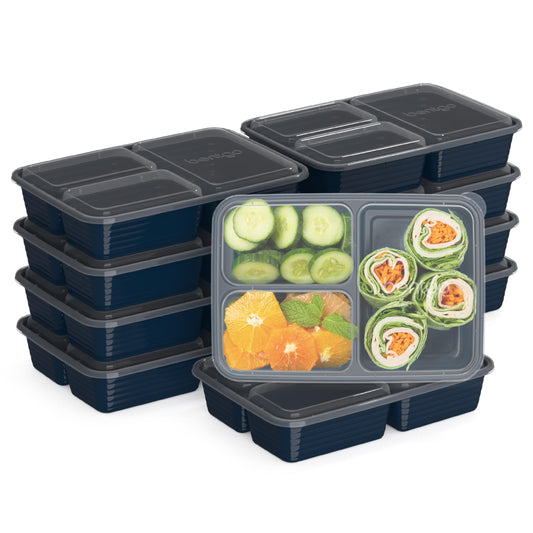 Bentgo 20-Piece Lightweight, Durable, Reusable BPA-Free 3-Compartment Containers - Microwave, Freezer, Dishwasher Safe - Navy Blue