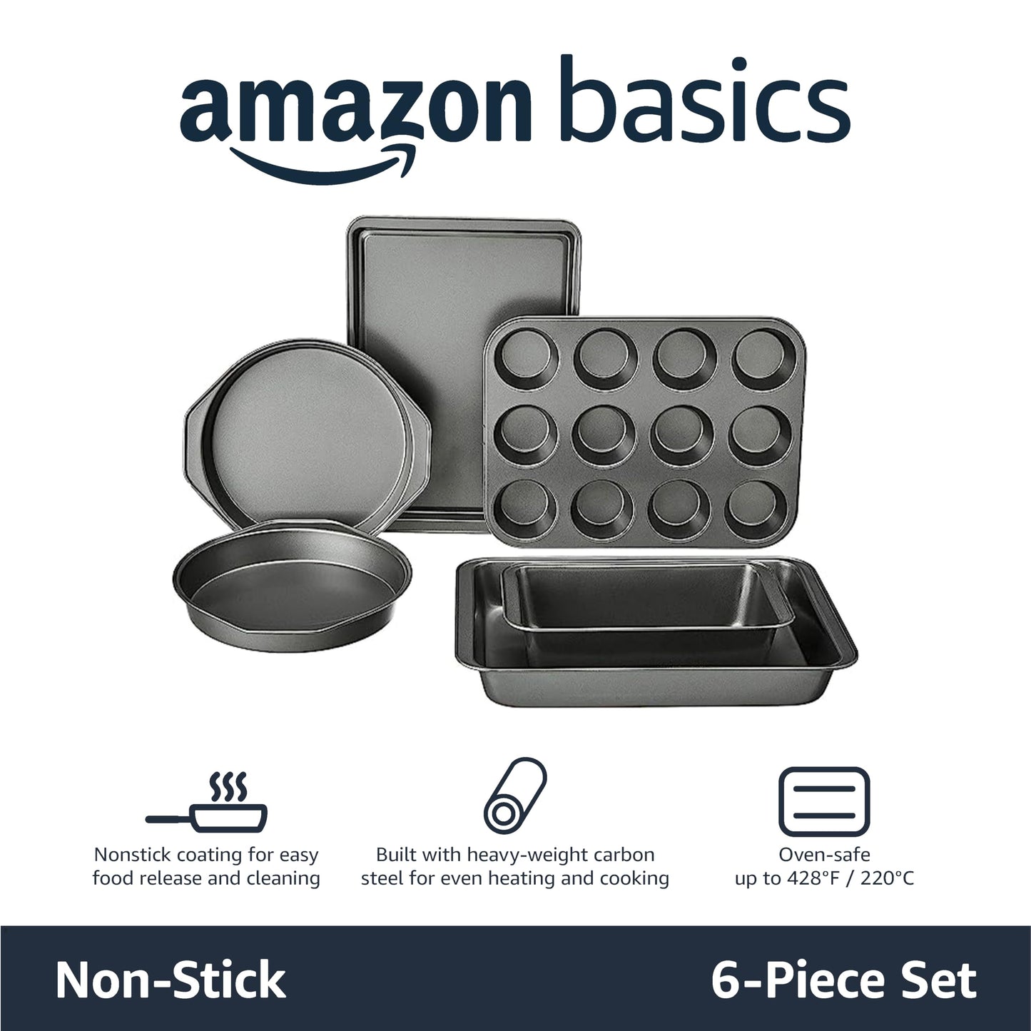 Amazon Basics 6 Piece Nonstick, Carbon Steel Oven Safe Bakeware Set, 16.25 x 11.75 x 6.25 inches